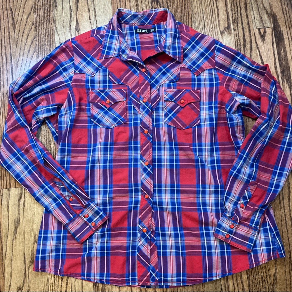 Cruel Girl Red and Blue Plaid Button Down Shirt